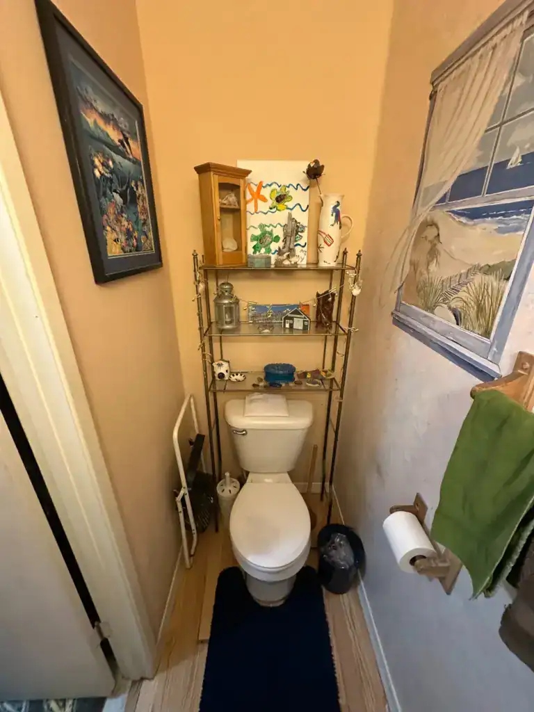 Small East Bay toilet room before remodeling, with dated paint, worn wood floor, and an older toilet