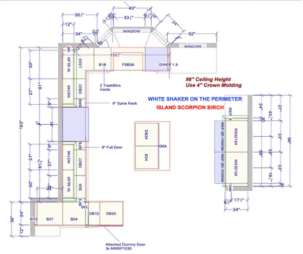 2D kitchen floor plan showing cabinet layout, island dimensions, appliance locations, window placement, and measurements for a custom kitchen remodel in the East Bay, California.
