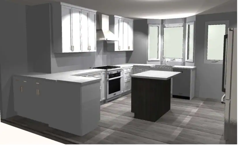 3D rendering of a modern white shaker kitchen with a Scorpion Birch island, quartz countertops, stainless steel appliances, and an open-concept layout.