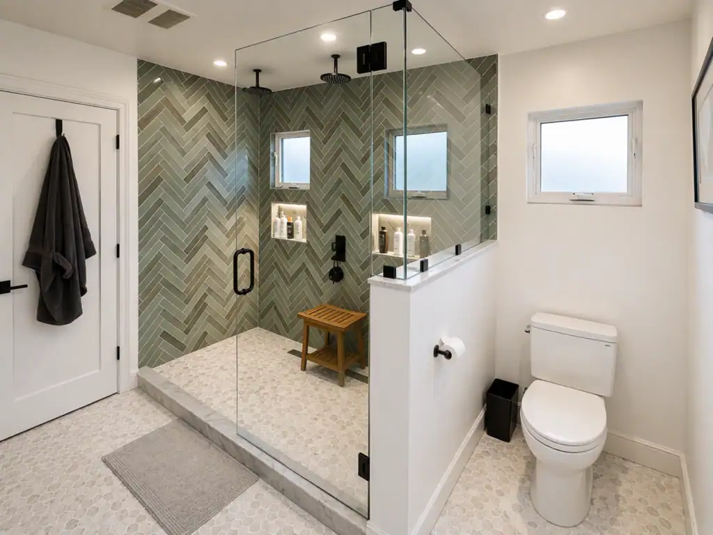Orinda bathroom remodel with green herringbone tile shower and marble hex floor