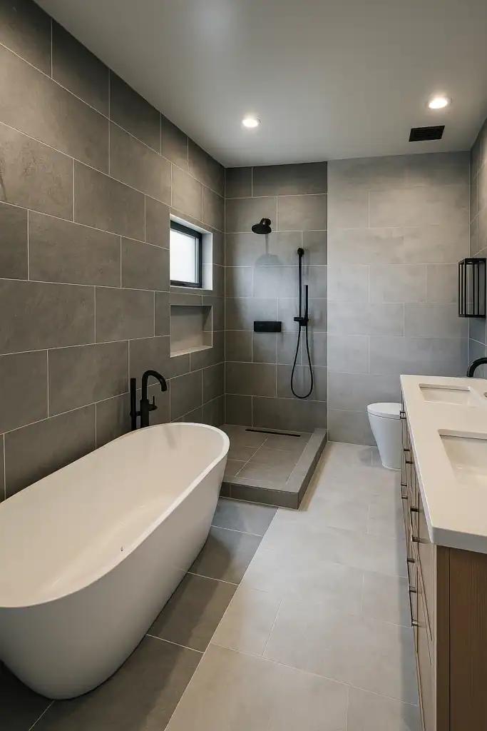 $100,000 San Ramon primary bathroom remodel with large-format tile walk-in shower, the part a $10,000 bathroom remodel pays for