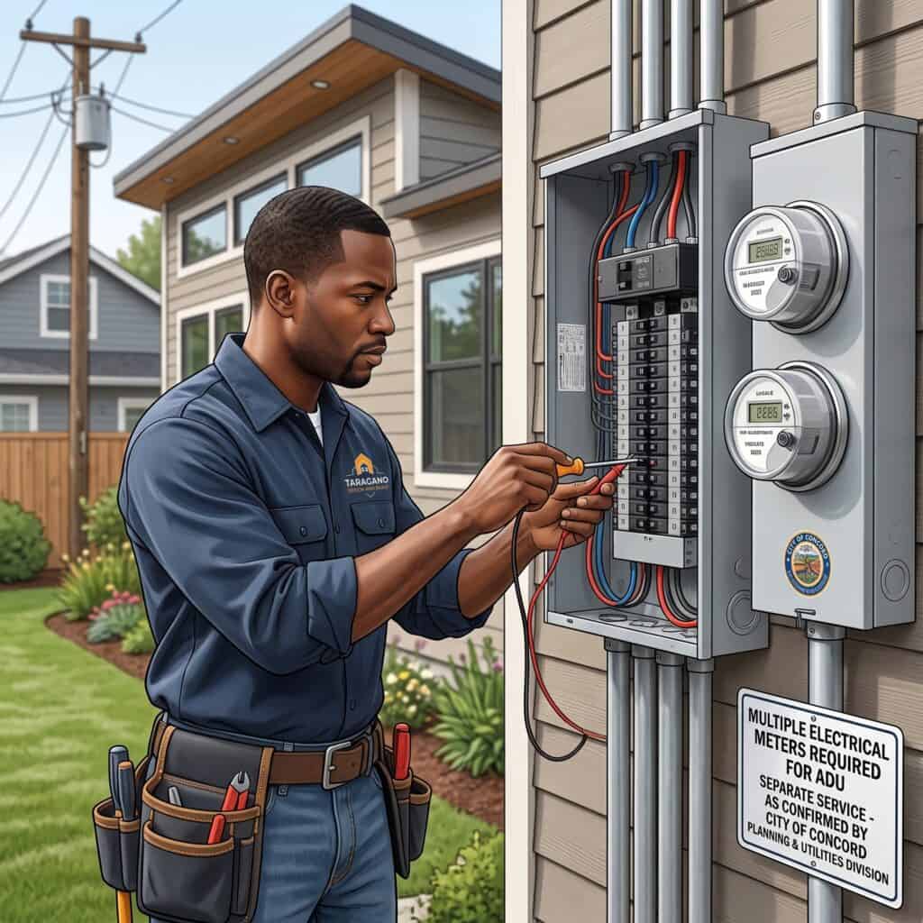 Taragano Design & Build professional inspecting an electrical panel with multiple meters at a Concord property, illustrating potential separate electrical service requirements for an ADU.