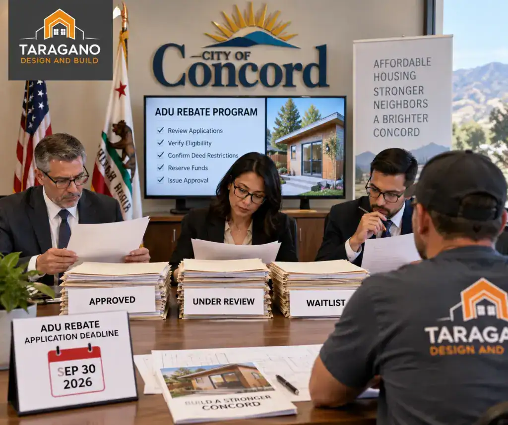 Taragano Design & Build representative meeting with Concord officials to discuss the city’s ADU rebate program, with applications categorized as approved, under review, and waitlist.