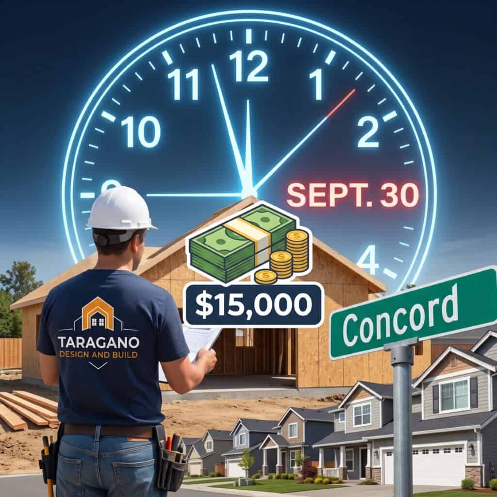 Contractor reviewing an ADU project with a $15,000 Concord rebate deadline shown on September 30.