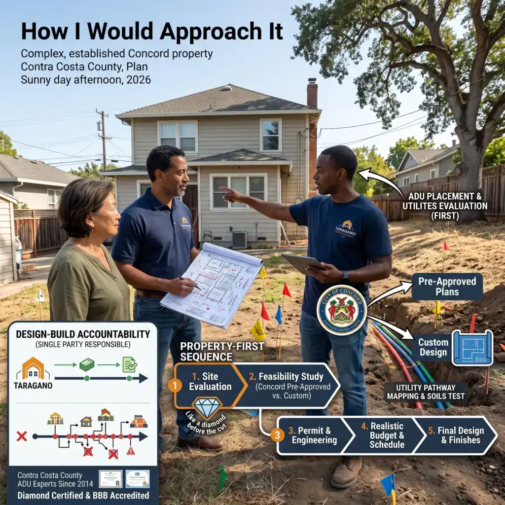 Taragano Design & Build professionals evaluating a Concord property for an ADU, reviewing site plans and utilities while comparing pre-approved and custom design options through a property-first design-build process.