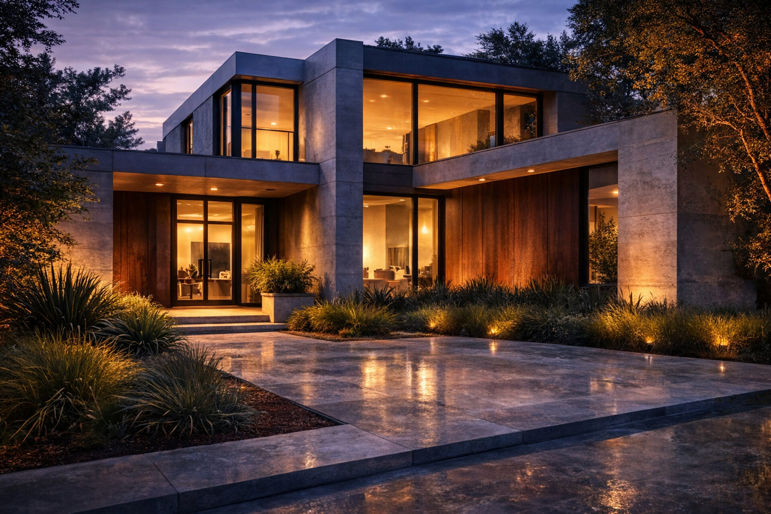Modern residential architecture at twilight