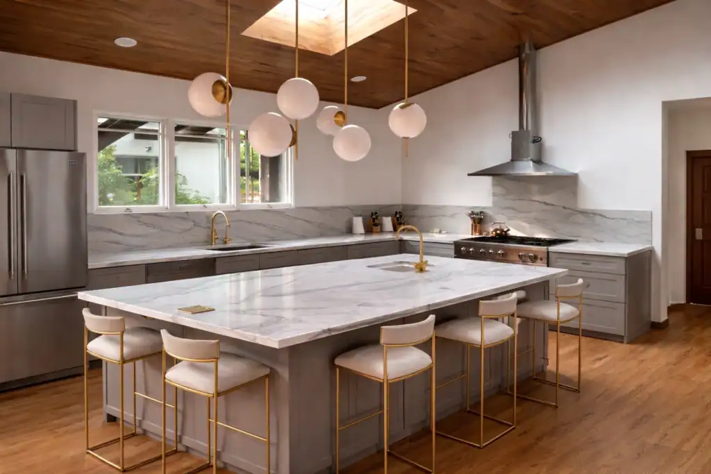 Modern custom kitchen remodel in Berkeley, California with large marble island, gray cabinetry, brass fixtures, and skylight