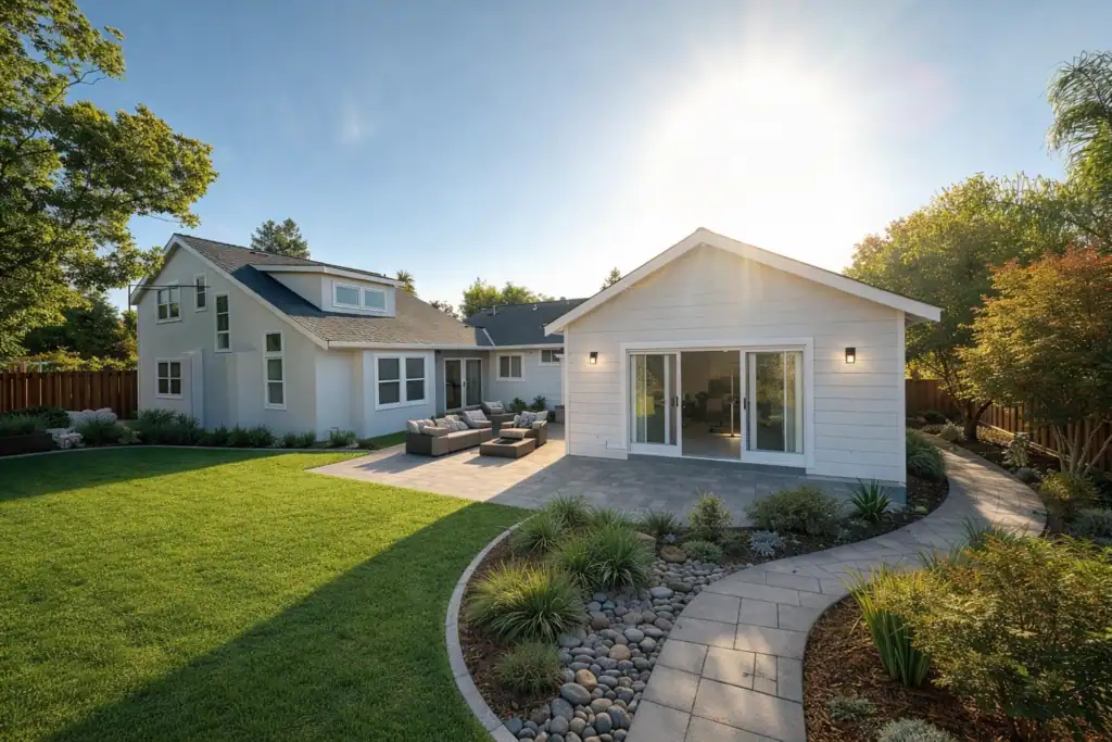 Home addition cost example: single-story rear addition with sliding glass doors and paver patio by Taragano Design and Build, East Bay CA