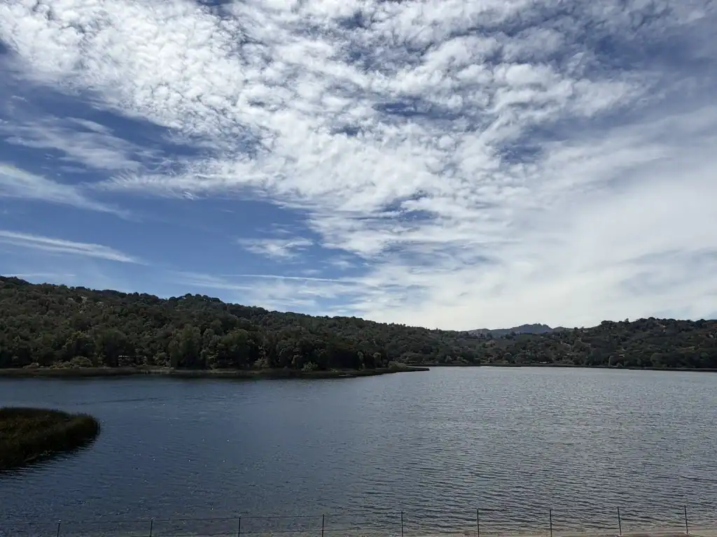 Lafayette Reservoir surrounded by oak-covered hills in Lafayette, California