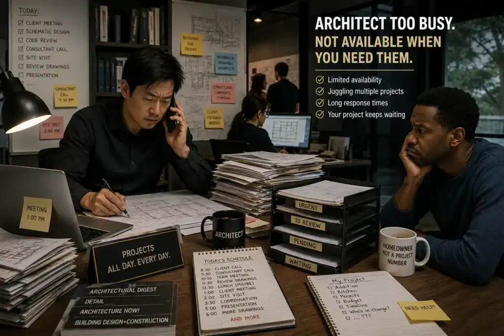Busy architect reviewing plans while a homeowner waits for answers on a renovation project