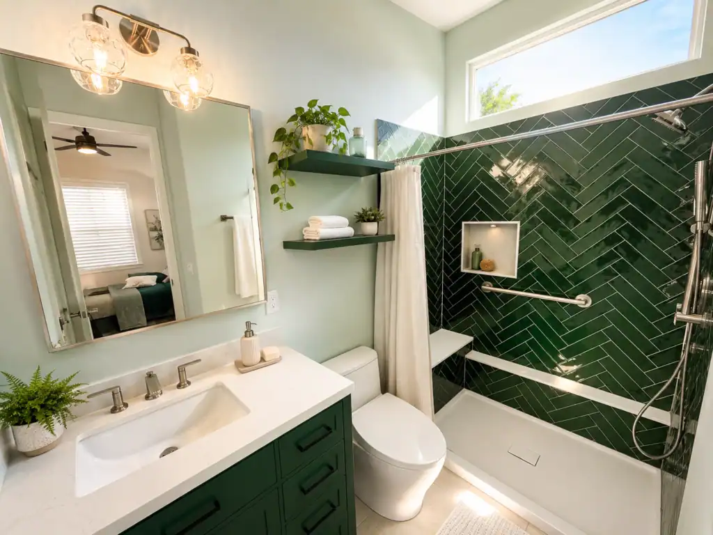 Walk-in shower with a horizontal grab bar, built-in corner bench, and handheld shower on a slide bar, in a bathroom remodeled by Taragano Design and Build.