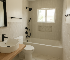 A contemporary bathroom renovation in Moraga featuring a floating wood vanity, vessel sink, matte black fixtures, and a bright tub and shower combination designed for everyday living. Modern Moraga bathroom remodel with a floating wood vanity, vessel sink, tub and shower combination, black fixtures, marble-look porcelain flooring, and bright minimalist finishes.