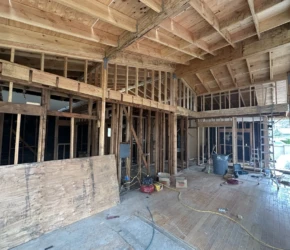Interior demolition and framing. Interior demolition and wood framing during a custom home remodel in Lafayette, CA.