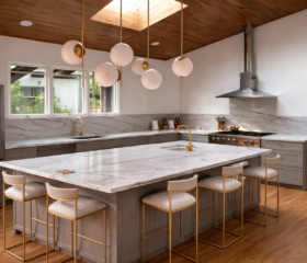 A sophisticated kitchen blending timeless materials with contemporary design. Luxury Berkeley kitchen with oversized marble island, gray cabinetry, brass accents, and designer lighting.