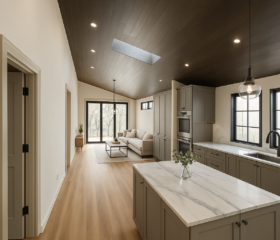 A bright Oakland kitchen with clean contemporary lines. Modern open-concept kitchen with gray cabinetry, marble island, skylight, and black-framed windows.