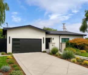 Whole-house remodel and addition in San Ramon, CA - white stucco, matte black garage door, and drought-tolerant front landscaping. White stucco ranch home with black garage door and drought-tolerant landscaping after a remodel and addition in San Ramon, CA
