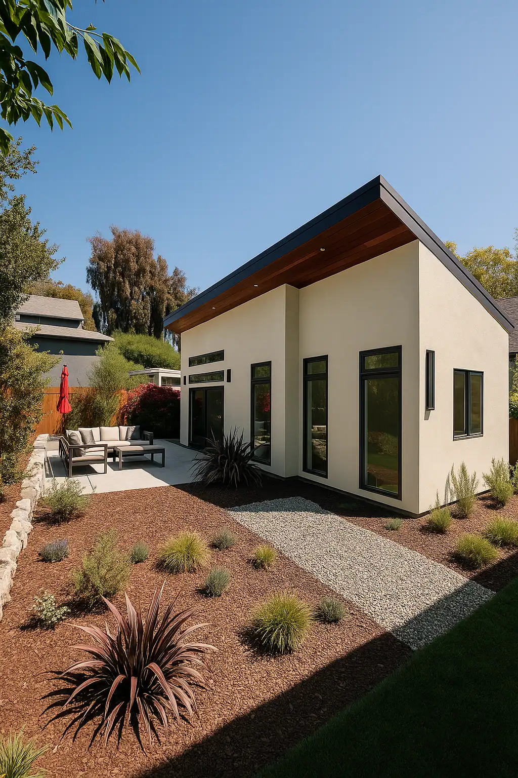 A detached garage rebuilt as a modern, all-electric ADU by Taragano Design and Build - with its own address, meter, and patio.