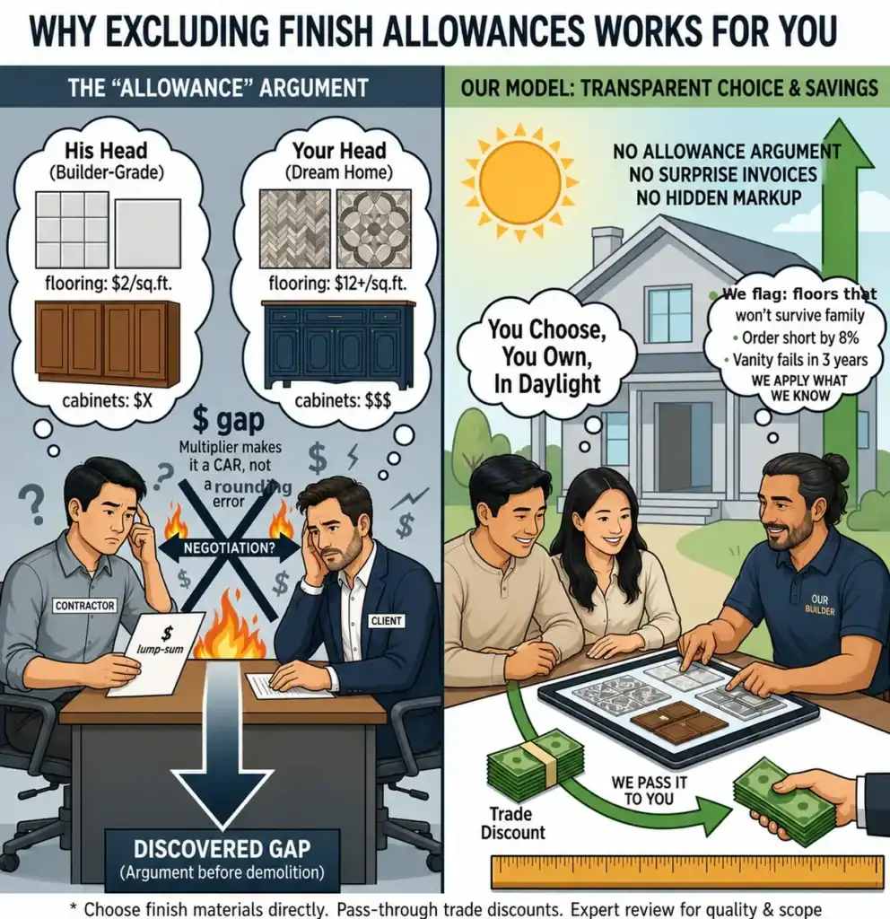 Construction allowance model causing disputes versus transparent pricing where the homeowner buys finish materials and trade discounts are passed through