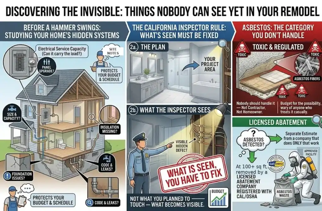Hidden remodeling conditions in older homes: electrical panel capacity, missing insulation, foundation issues, California inspection code corrections, and asbestos abatement