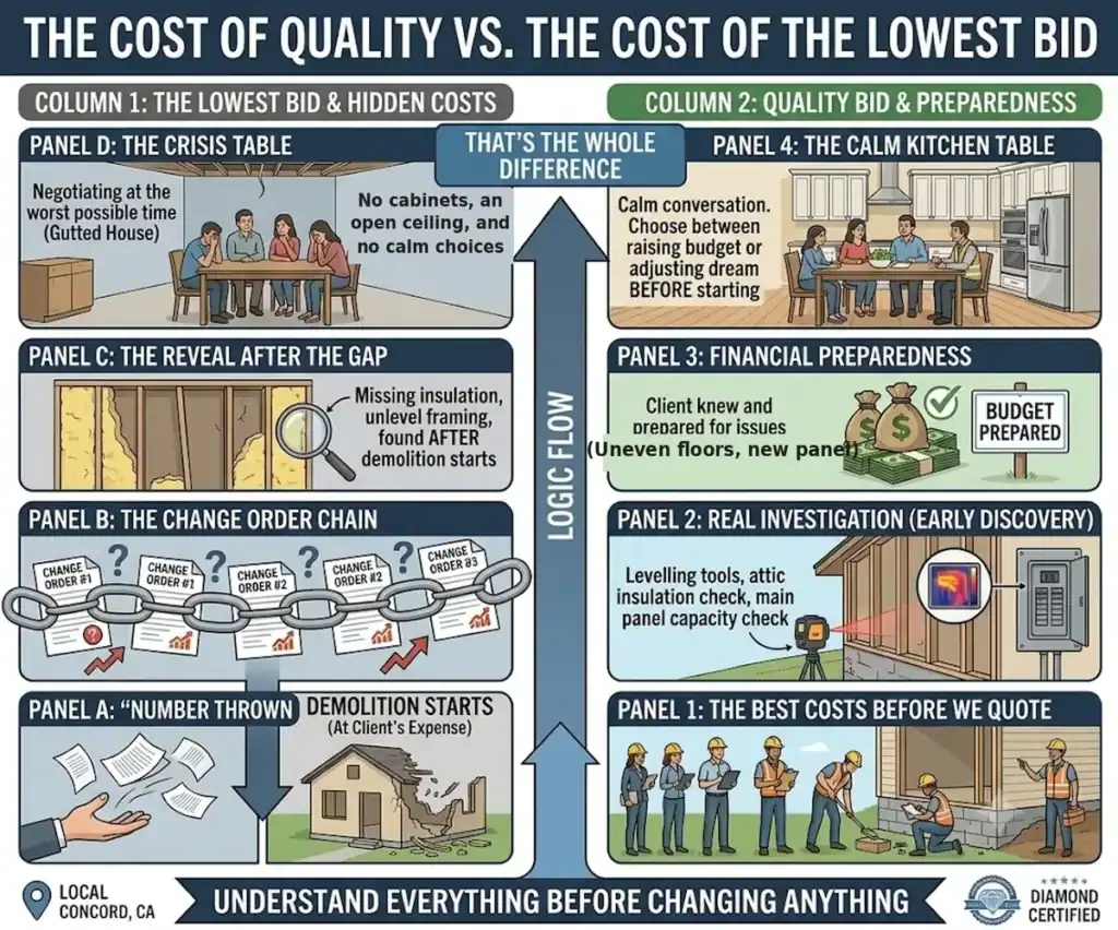 Lowest construction bid leading to change orders and mid-project crisis versus a quality bid based on early investigation and a prepared budget