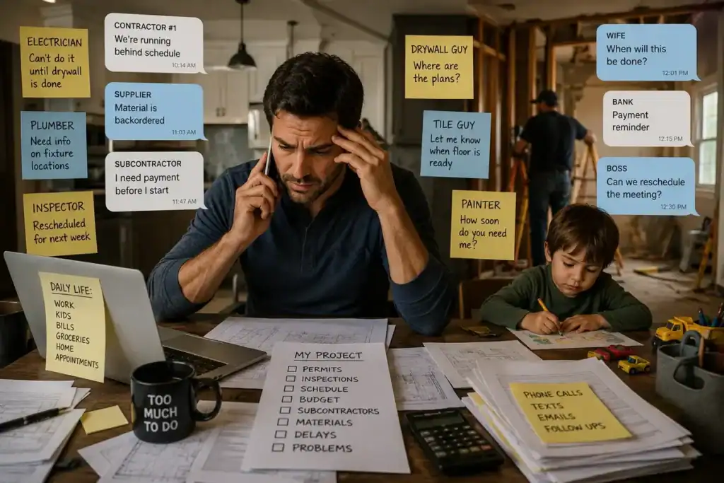 Overwhelmed homeowner managing renovation contractors, schedules, permits, and family responsibilities