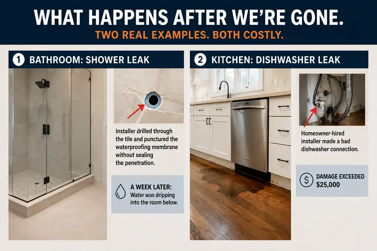 Two leaks caused by outside installers on finished Taragano projects: a shower panel anchor drilled through the waterproofing membrane, and a failed dishwasher connection that damaged hardwood flooring