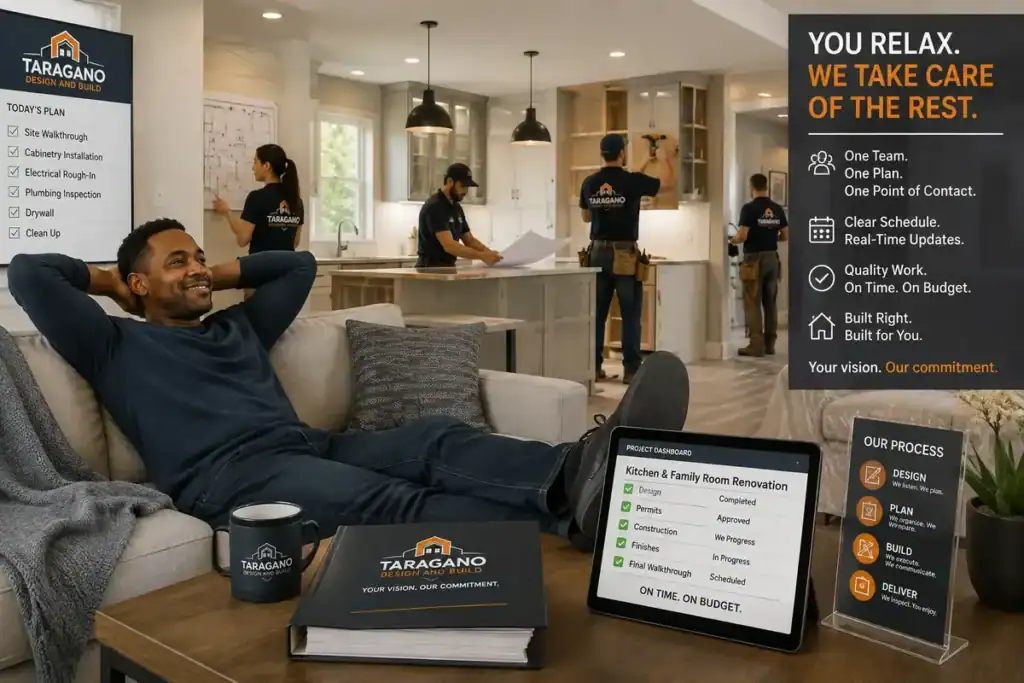 Relaxed homeowner enjoying his home while Taragano Design and Build team manages a renovation project