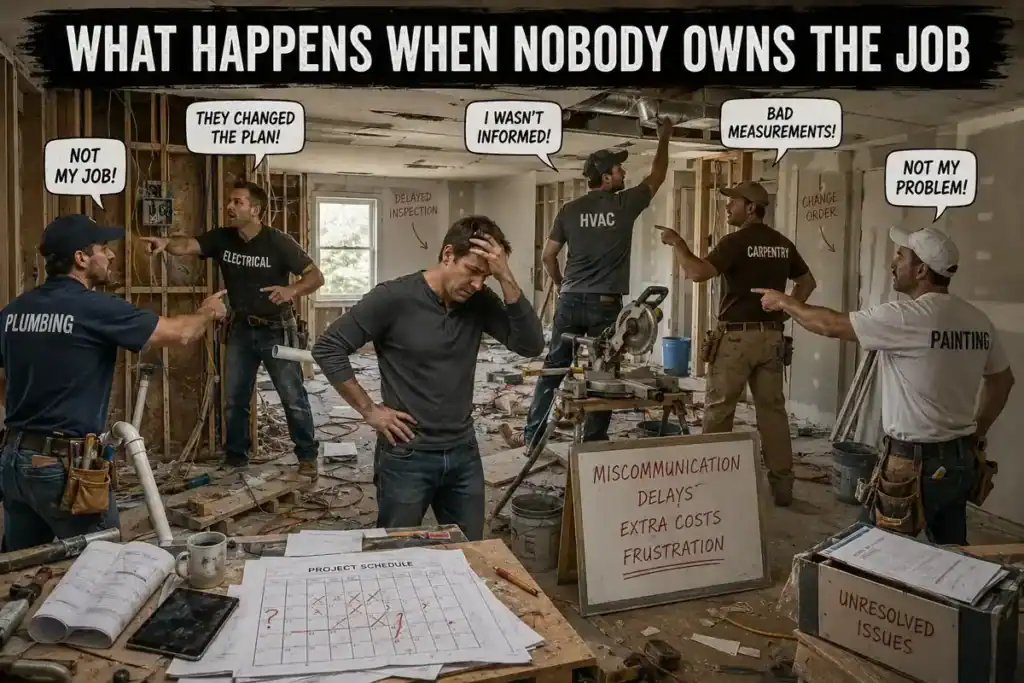 Home renovation trades arguing over responsibility while a homeowner deals with construction delays and miscommunication