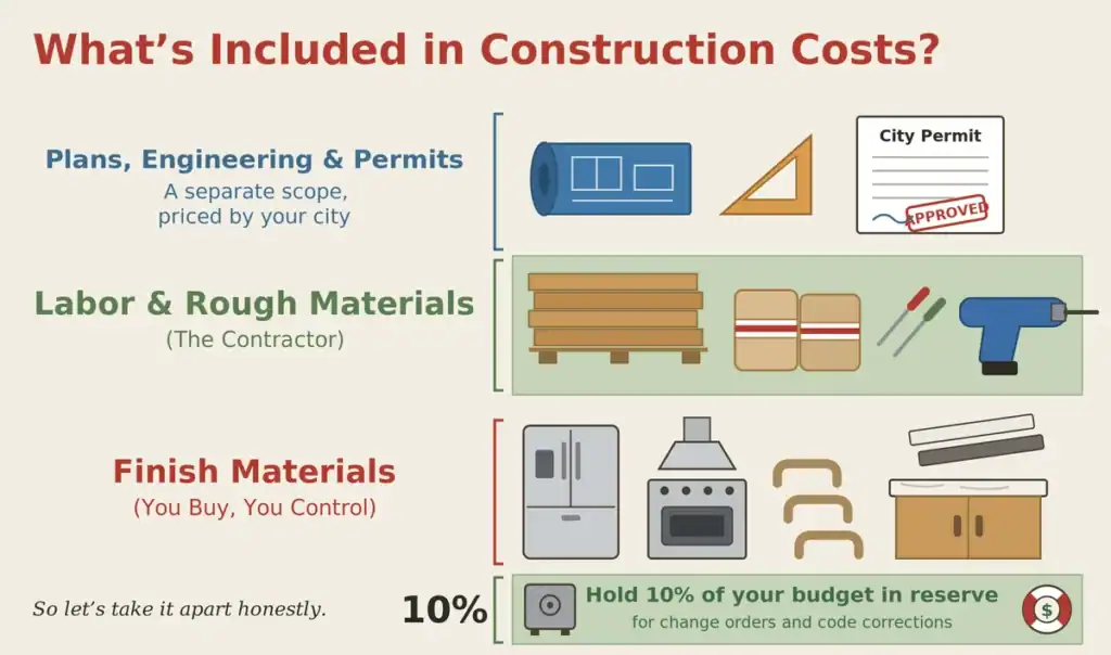 Infographic showing what's included in construction costs: plans and permits, contractor's labor and rough materials, homeowner's finish materials, and a 10% reserve